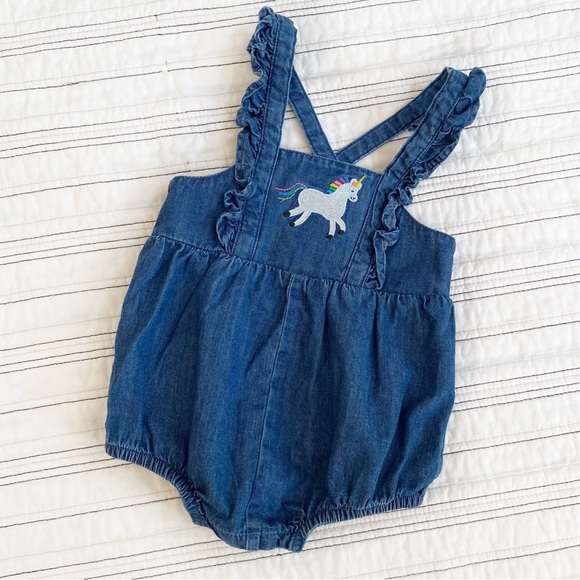 Hanna Andersson Other - Hanna Andersson Denim Bubble Romper Embroidered Unicorn Baby size 6-12 months